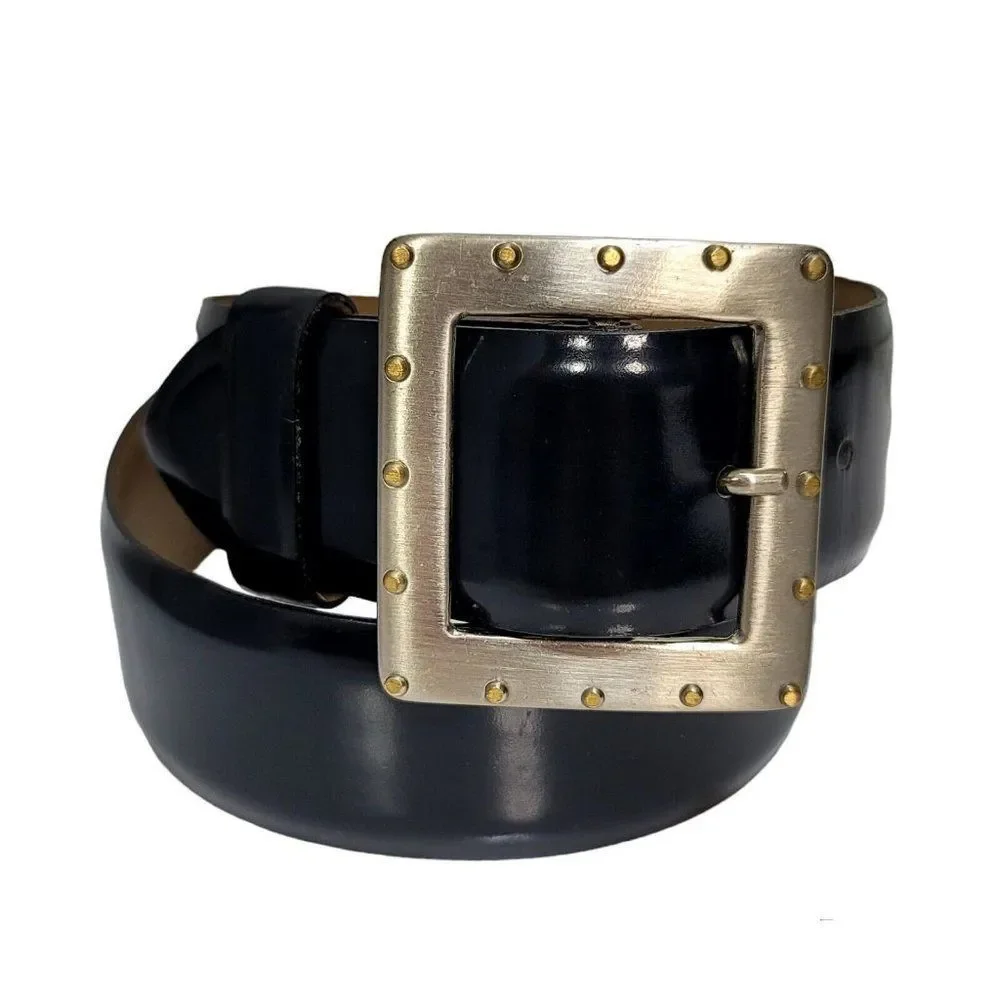 Vintage 80s 90s Linea Pelle Smooth Dark Blue Leather‎ Belt Studded Buckle